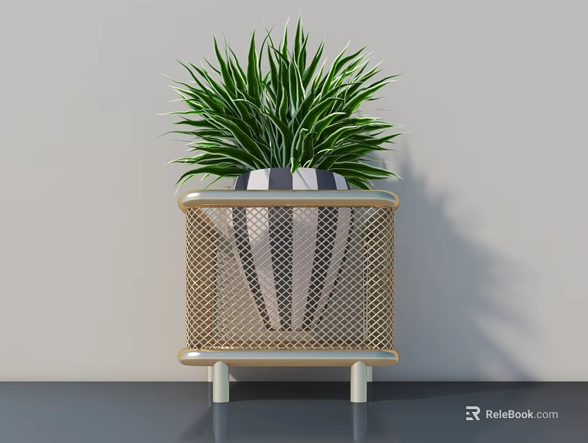 Bonsai Potted Plant Design With Woven Basket Golden Frame White Legs And Lush Green Leaves 3d model 