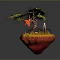 Colorful 3D Floating Island Scene With Tree Path Archway And Red Bird