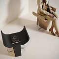 Modern Curved Wooden Stool with Woman Sitting and Black Curved Stool with Books Near White Wall