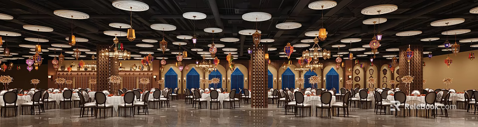 Elegant Restaurant Interior With Colorful Chandeliers Blue Windows And Wooden Partitions 3d model 