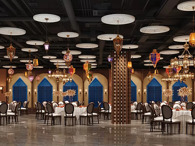 Elegant Restaurant Interior With Colorful Chandeliers Blue Windows And Wooden Partitions 3d model