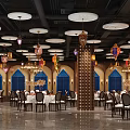 Elegant Restaurant Interior With Colorful Chandeliers Blue Windows And Wooden Partitions