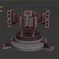 Mechanical Weapon Turret With Metal Structure Red Light And Cannon Barrels On Circular Base