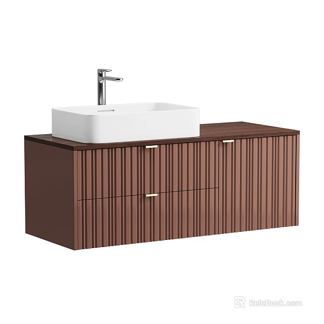 Modern Bathroom Vanity With White Square Basin Faucet And Brown Vertical Striped Cabinet Drawers 3d model 