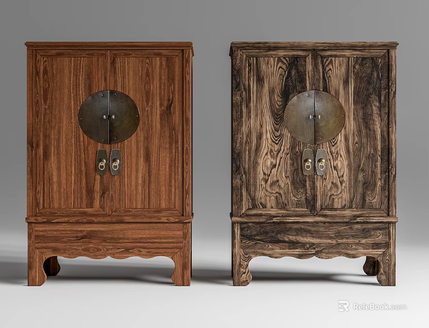 Chinese Style Wooden Cabinets With Round Decorations And Carved Legs 3d model 