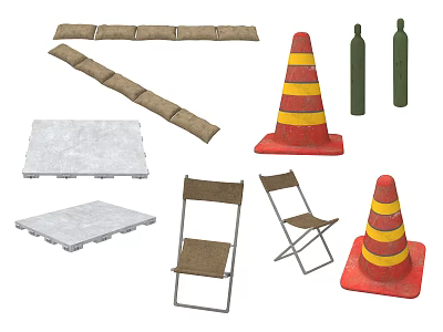 Temporary Public Facilities With Traffic Cones Folding Chairs Sandbags And Gas Cylinders 3d model