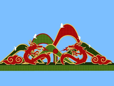 Dragon Shaped Red And Green Sculpture With Mountain Peaks And White Birds On Blue Background 3d model