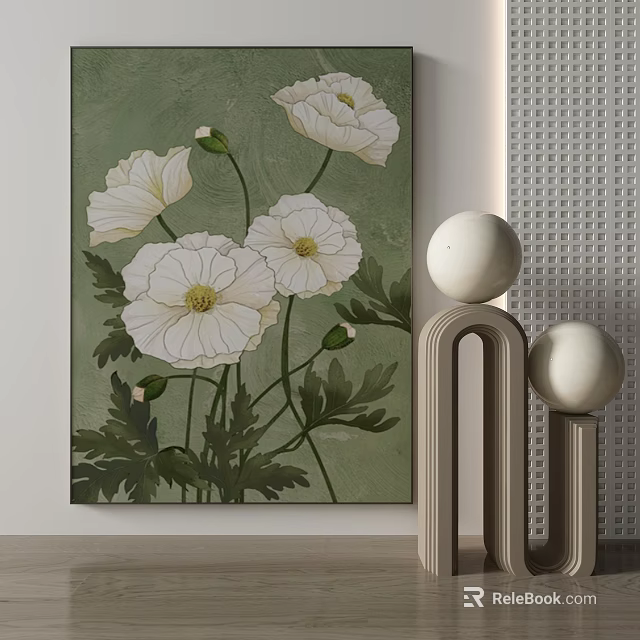 Botanical Painting of White Flowers on Green Background with Decorative Spherical Objects and Gray Stands 3d model 
