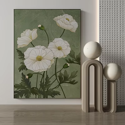 Botanical Painting of White Flowers on Green Background with Decorative Spherical Objects and Gray Stands 3d model