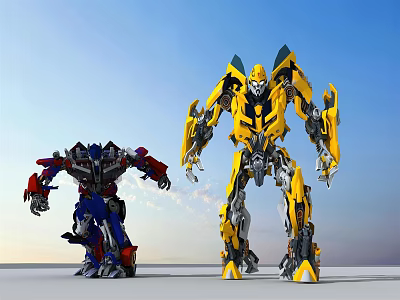 Yellow and Blue Red Transformer Robots Standing Against Clear Blue Sky 3d model