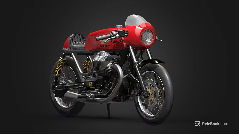 Vintage Red Cafe Racer Motorcycle With Round Headlight Black Seat And Exhaust Pipes 3d model 