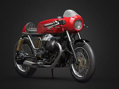 Vintage Red Cafe Racer Motorcycle With Round Headlight Black Seat And Exhaust Pipes 3d model