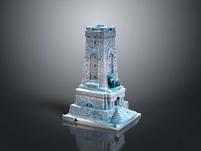 Scenic Landscape with Ancient Stone Tower Featuring Steps and a Lion Statue 3d model