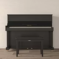 Black YAMAHA Upright Piano With Matching Bench Against Light Wall On Wooden Floor