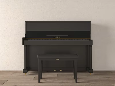 Black YAMAHA Upright Piano With Matching Bench Against Light Wall On Wooden Floor 3d model