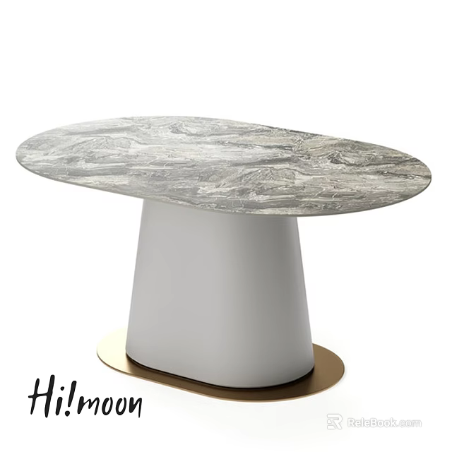 Elegant Oval Dining Table With Marble Texture White Pedestal And Gold Base 3d model 