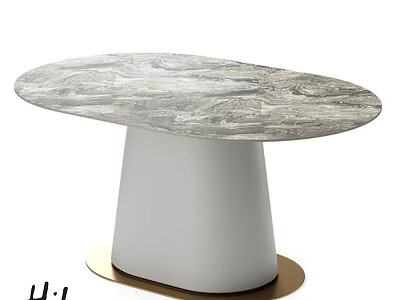 Elegant Oval Dining Table With Marble Texture White Pedestal And Gold Base 3d model