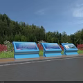 Three Blue Billboards with Green Trees and Red Flowers By Roadside