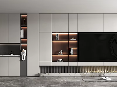 Elegant Modern TV Wall Unit Design With Marble Panels LED Lighting And Fireplace 3d model