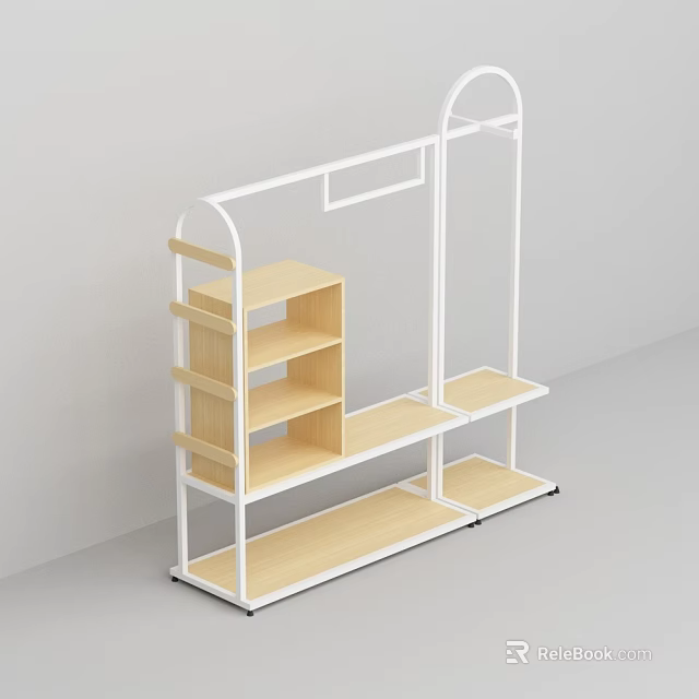 Modern Clothing Store Display Rack With White Metal Frame And Wooden Shelves For Apparel 3d model 