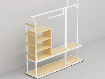 Modern Clothing Store Display Rack With White Metal Frame And Wooden Shelves For Apparel 3d model