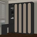Modern Dark Colored Bookcase With Woven Doors And Wooden Desk Near Window Blinds
