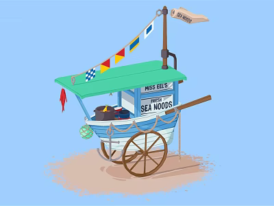Mrs Bees Fresh Seafood Cart With Green Canopy Colorful Pennants And Wooden Wheels 3d model