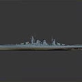 Detailed Warship Model Featuring Red and White Stripes on Bow and Stern with Blue Hull