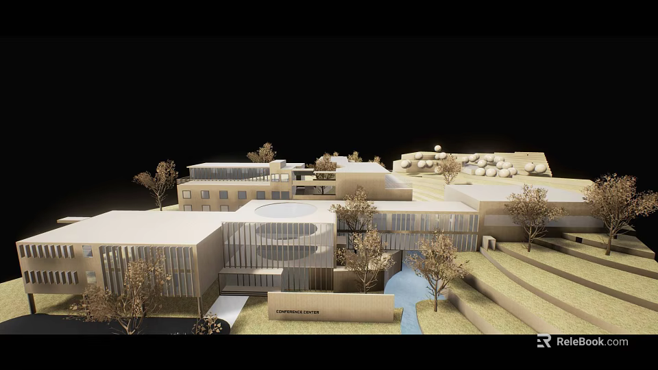 Modern Building Complex Model With Glass Structures Trees And Water Elements 3d model