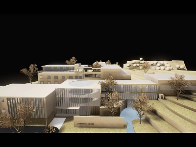 Modern Building Complex Model With Glass Structures Trees And Water Elements 3d model