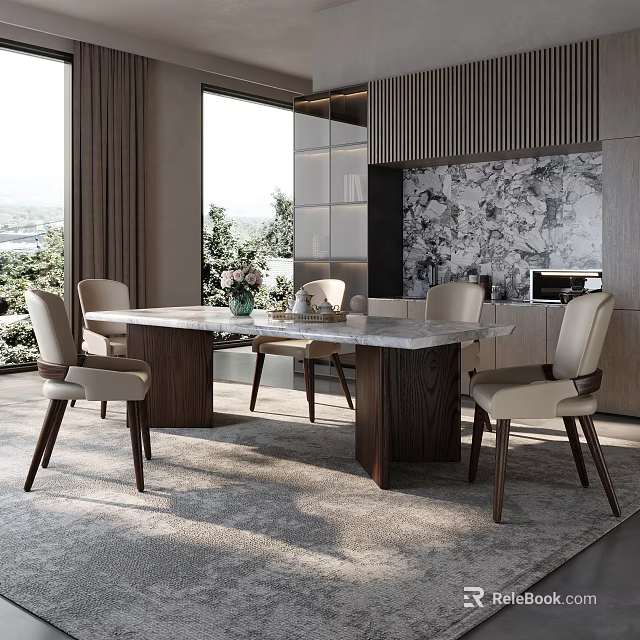 Modern Dining Table Set With Marble Top And Light Colored Chairs For Elegant Dining Space 3d model 