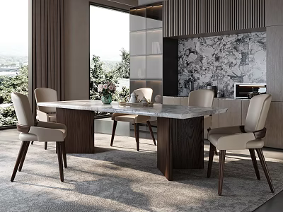 Modern Dining Table Set With Marble Top And Light Colored Chairs For Elegant Dining Space 3d model
