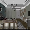Modern Elegant Bedroom Interior with Baby Crib Chandelier TV Vanity Soft Curtains and Patterned Rug