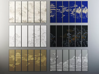 Traditional Oriental Folding Screens With Mountain Landscape And Architectural Motifs In Various Colors 3d model