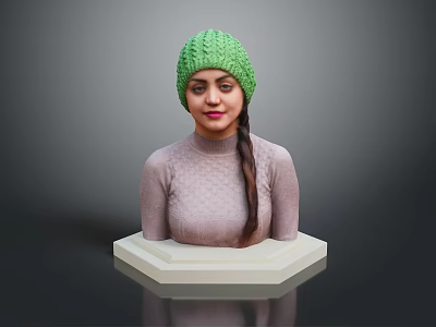 Woman wearing green knitted hat brown turtleneck with braid on white hexagonal base gray background 3d model