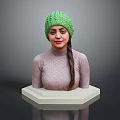 Woman wearing green knitted hat brown turtleneck with braid on white hexagonal base gray background