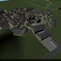 Traditional Village Scenery With Dark Roof Houses And Lush Green Grassland Paths