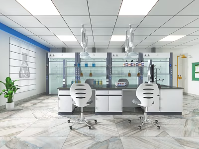 Modern Laboratory Interior With Lab Benches Glass Cabinets Instruments and Ergonomic Chairs 3d model