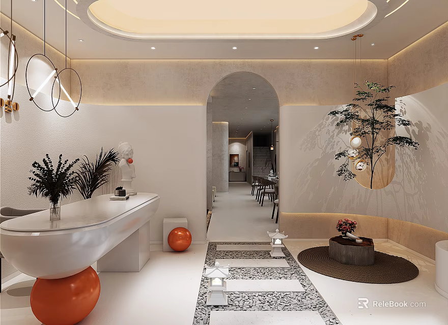 Modern Beauty Hair Salon Interior With Styling Chairs Mirrors And Decorative Plants 3d model 