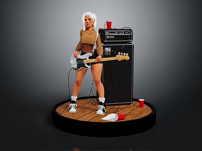 Woman Standing Playing Bass Guitar Next To Black Amplifier With Red Cup On Wooden Platform 3d model