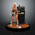 Woman Standing Playing Bass Guitar Next To Black Amplifier With Red Cup On Wooden Platform