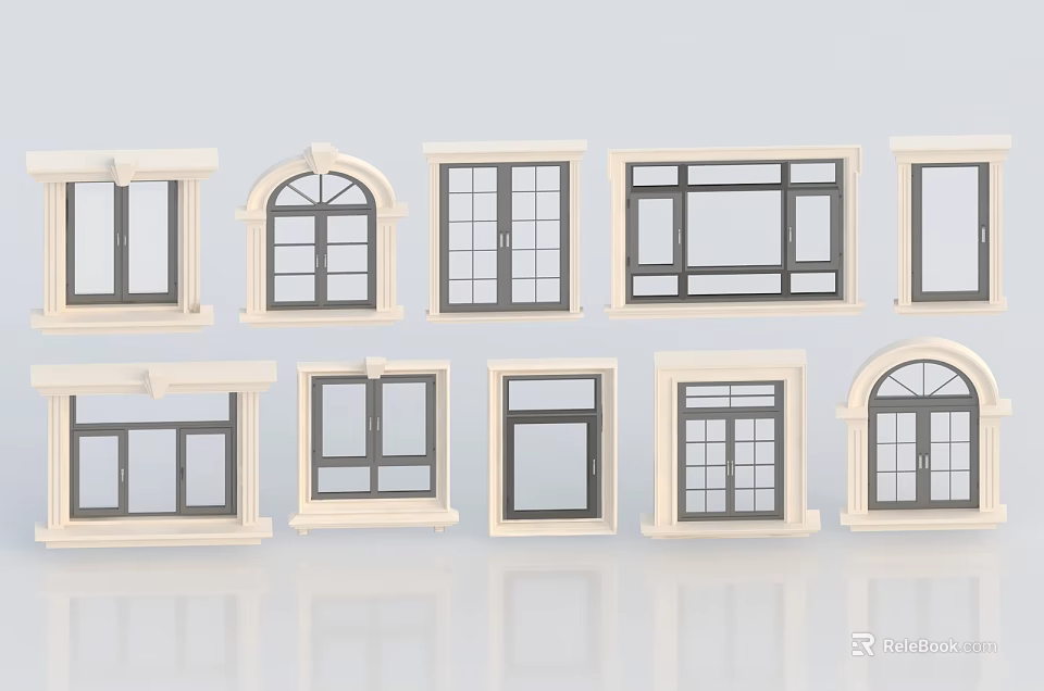 Diverse Casement Windows Featuring Different Shapes White Frames And Glass Designs 3d model