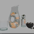 Orange Slices in Glass Pitcher Glass Cups with Mint Leaves and Black Beans in Bowl