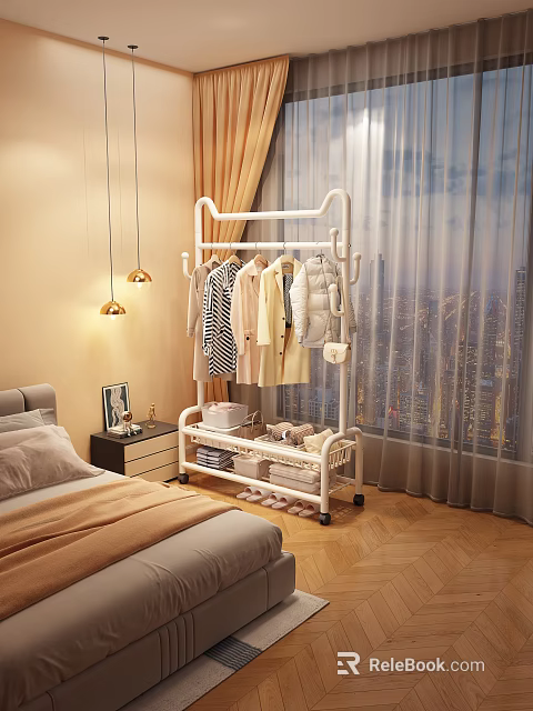 White Floor Standing Clothes Rack With Hanging Clothes And Storage Shelves In Bedroom 3d model 