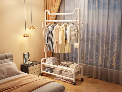 White Floor Standing Clothes Rack With Hanging Clothes And Storage Shelves In Bedroom 3d model