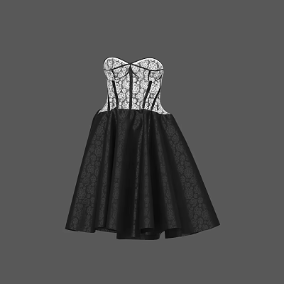 Elegant Strapless Dress With Lace Top And Corset Style Waist Featuring Black Floral Patterned Skirt 3d model