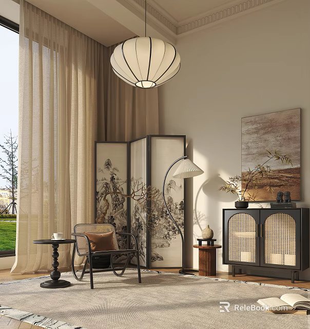 Traditional Chinese Interior Featuring Landscape Screen Lantern Pendant Light Beige Curtains And Armchair 3d model 