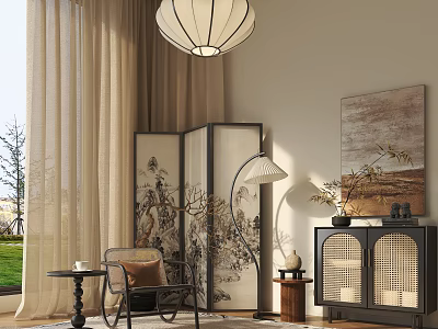 Traditional Chinese Interior Featuring Landscape Screen Lantern Pendant Light Beige Curtains And Armchair 3d model