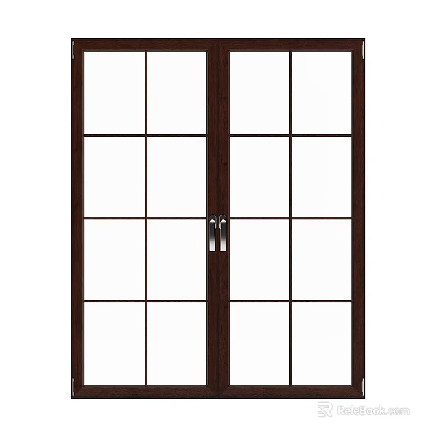 Double Doors With Grid Pattern Glass Panels And Brown Wooden Frame For Home Interior 3d model 