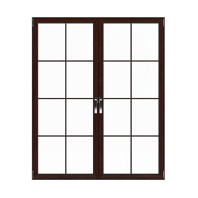 Double Doors With Grid Pattern Glass Panels And Brown Wooden Frame For Home Interior 3d model